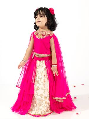 Elaisha girls embroidered top with draped sleeves & embroidered underlay ruffled skirt  - pink & off white 1