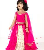 Elaisha girls embroidered top with draped sleeves & embroidered underlay ruffled skirt  - pink & off white