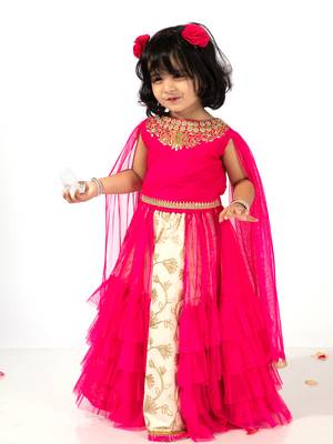 Elaisha girls embroidered top with draped sleeves & embroidered underlay ruffled skirt  - pink & off white 2