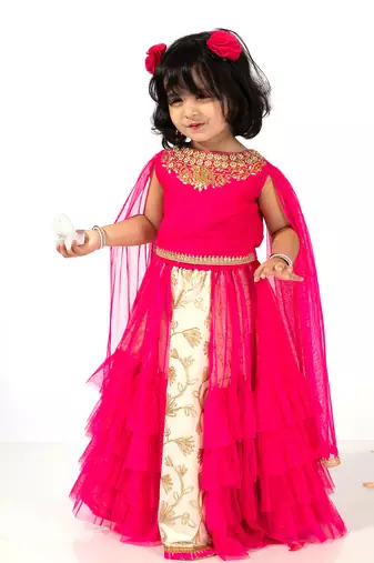 Elaisha girls embroidered top with draped sleeves & embroidered underlay ruffled skirt  - pink & off white