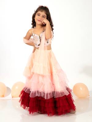 Elaisha girls spaghetti top with embroidered butterfly motif & gradient layered net skirt set - peach & maroon 1