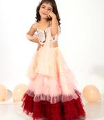 Elaisha girls spaghetti top with embroidered butterfly motif & gradient layered net skirt set - peach & maroon