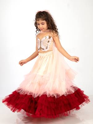 Elaisha girls spaghetti top with embroidered butterfly motif & gradient layered net skirt set - peach & maroon 2
