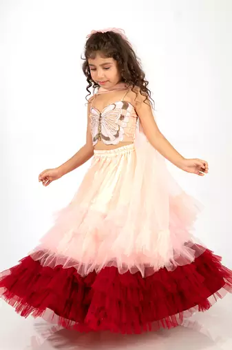 Elaisha girls spaghetti top with embroidered butterfly motif & gradient layered net skirt set - peach & maroon