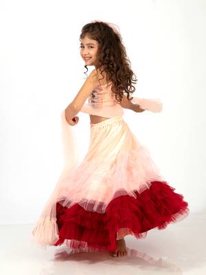Elaisha girls spaghetti top with embroidered butterfly motif & gradient layered net skirt set - peach & maroon 3