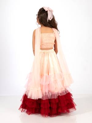 Elaisha girls spaghetti top with embroidered butterfly motif & gradient layered net skirt set - peach & maroon 4