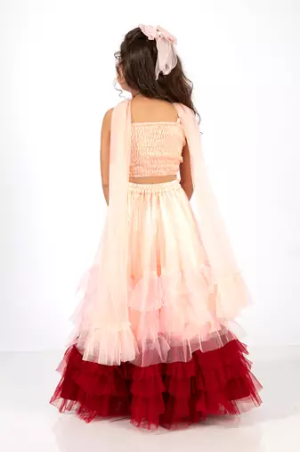 Elaisha girls spaghetti top with embroidered butterfly motif & gradient layered net skirt set - peach & maroon