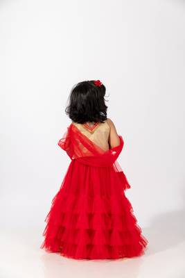 Elaisha girls embroidered top & embroidered underlay skirt with ruffled overlay - red & off white 3