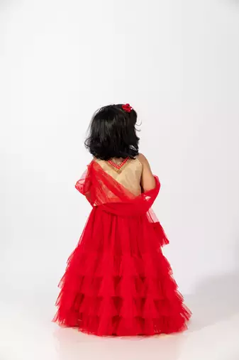 Elaisha girls embroidered top & embroidered underlay skirt with ruffled overlay - red & off white