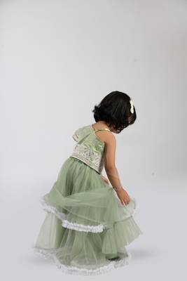 Elaisha girls  embroidered top & ruffled edges layered net skirt set - green 4
