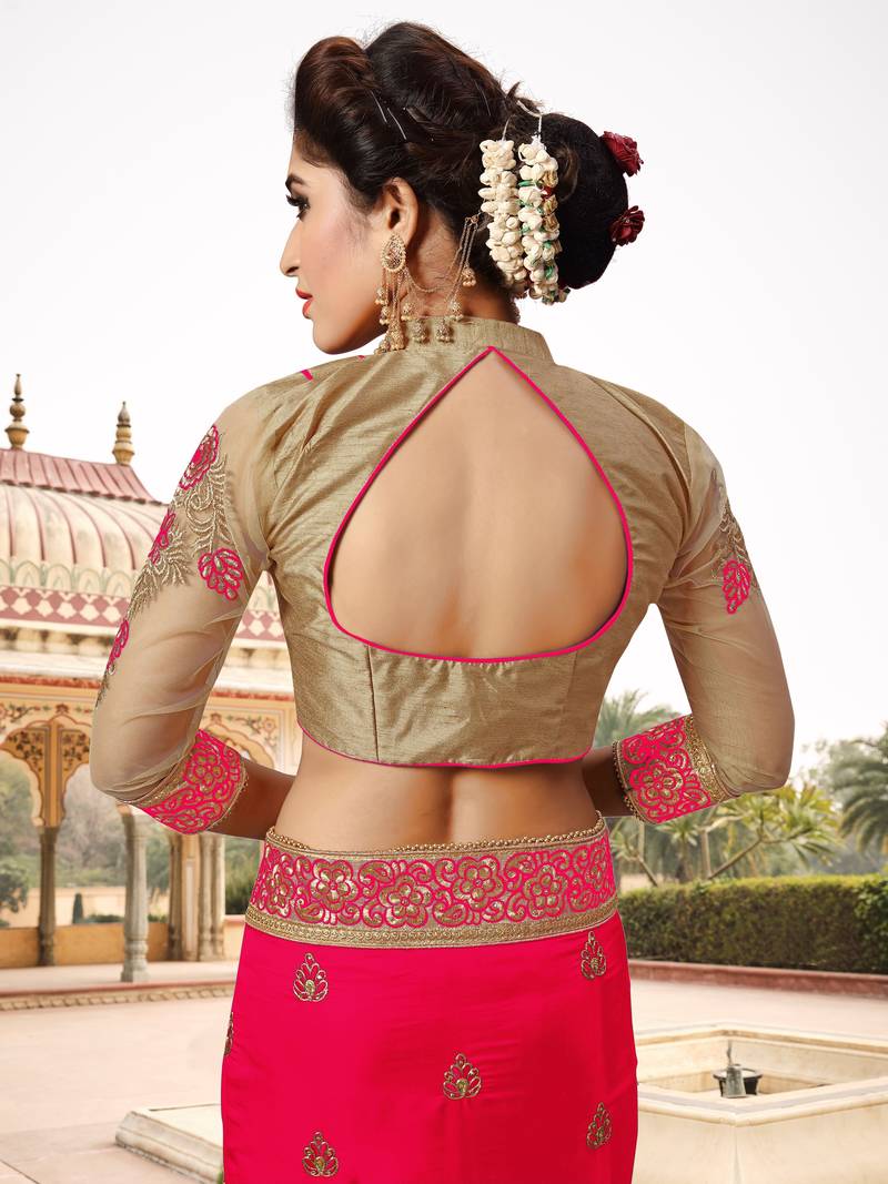 Trendmalls Womens Silk Heavy Embroidery Half & Half Pink Party Wear Saree With Blouse