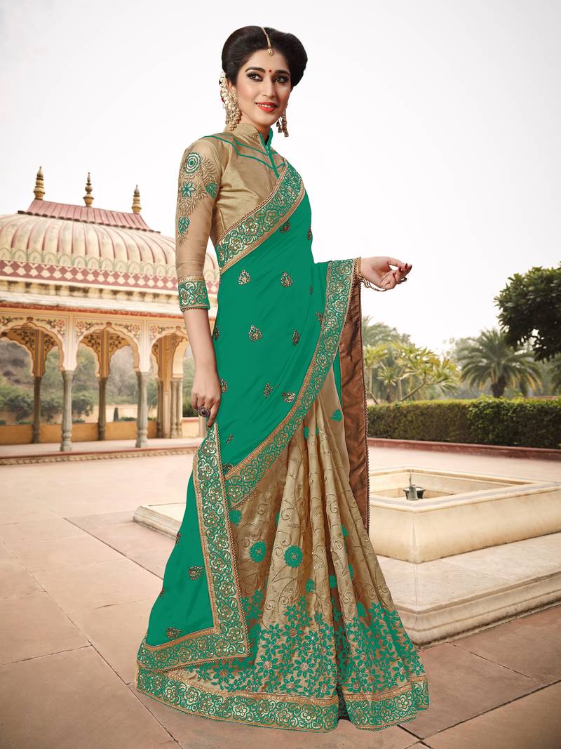 Trendmalls Womens Silk Heavy Embroidery Half & Half Green Party Wear Saree With Blouse
