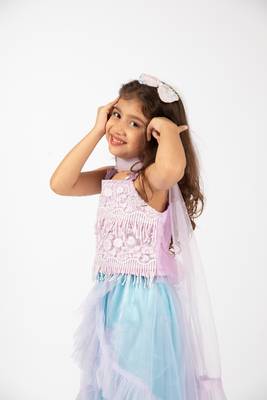 Elaisha girls  printed crop top & ruffled layered skirt with net dupatta set - mauve & pastle green 3