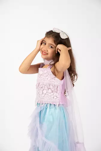 Elaisha girls  printed crop top & ruffled layered skirt with net dupatta set - mauve & pastle green