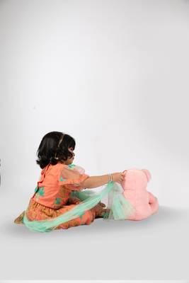 Elaisha girls traditional embroidered top & ghagra with net dupatta set - peach & sea green 3