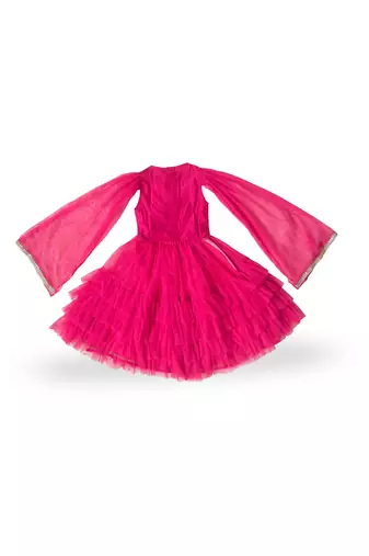 Elaisha girls embroidered top with draped sleeves & embroidered underlay ruffled skirt  - pink & off white