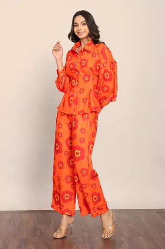 Orange floral printed relaxed pant