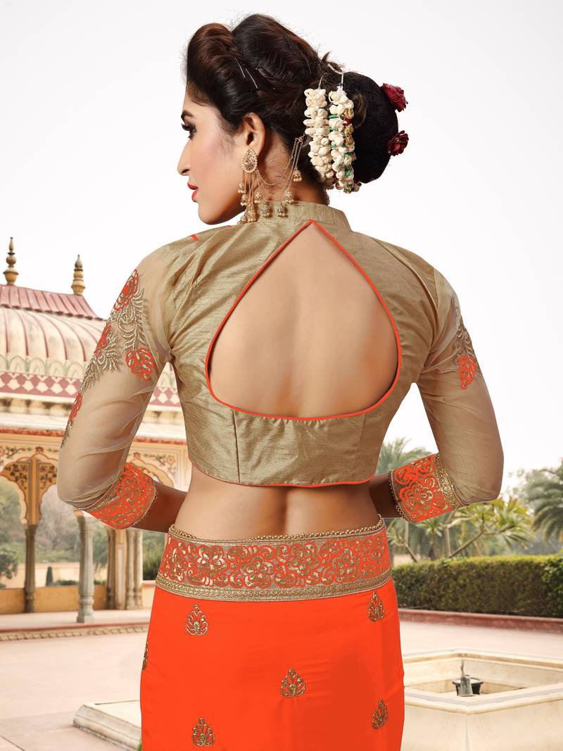 Trendmalls Light Orange Silk Fabric Embroidery Designer Indian Wedding Saree with Blouse