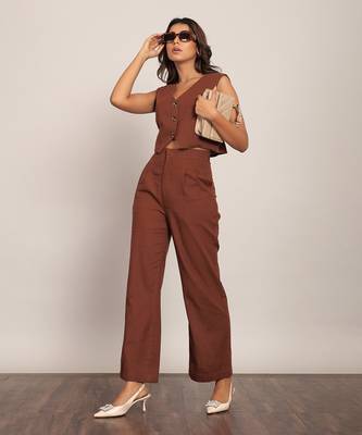 Brown solid relaxed pant 3