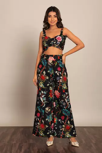 Black and multicolor floral printed relaxed pant