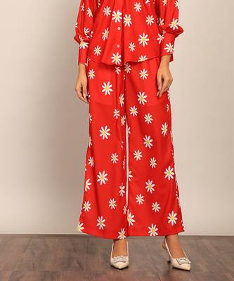 Red and white floral print relaxed pant 1