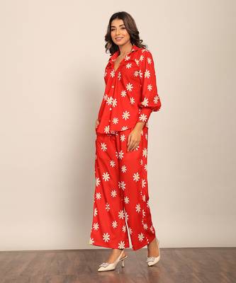 Red and white floral print relaxed pant 3