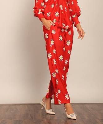 Red and white floral print relaxed pant 4