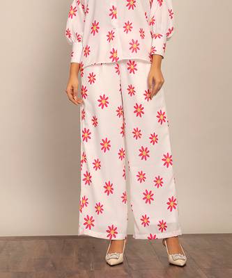 White and red floral print relaxed pant 1