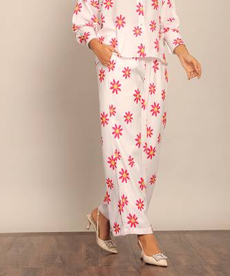 White and red floral print relaxed pant 4
