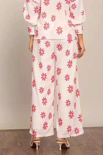 White and red floral print relaxed pant