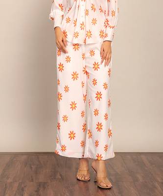 White and orange floral print relaxed pant 1