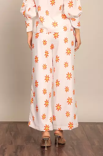 White and orange floral print relaxed pant
