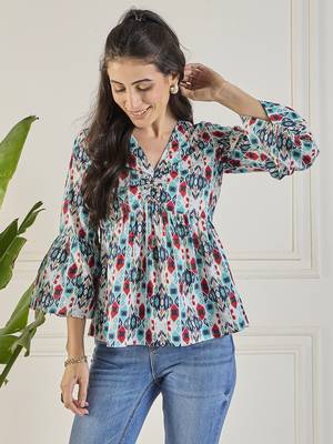 Winered women printed ruched v-neck top 1