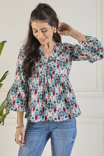 Winered women printed ruched v-neck top