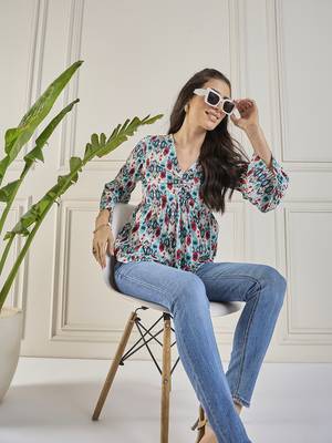 Winered women printed ruched v-neck top 2