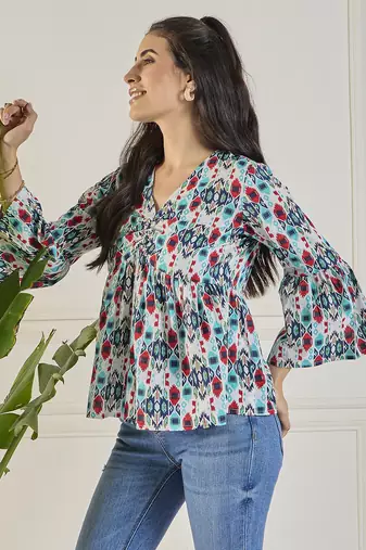 Winered women printed ruched v-neck top