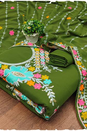 Olive Green Georgette Sequin & Floral Pattern Multicolor Thread Work Kurta Bottom Dupatta Set Dress Material