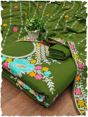 Olive Green Georgette Sequin & Floral Pattern Multicolor Thread Work Kurta Bottom Dupatta Set Dress Material 1
