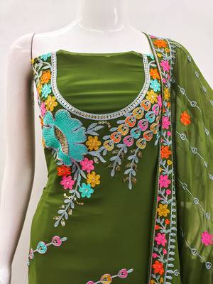 Olive Green Georgette Sequin & Floral Pattern Multicolor Thread Work Kurta Bottom Dupatta Set Dress Material 2