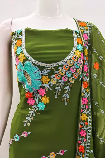 Olive Green Georgette Sequin & Floral Pattern Multicolor Thread Work Kurta Bottom Dupatta Set Dress Material