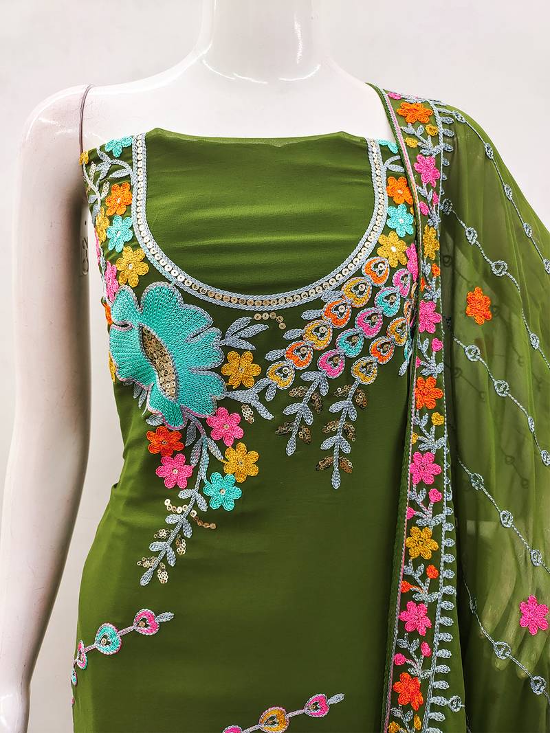 Olive Green Georgette Sequin & Floral Pattern Multicolor Thread Work Kurta Bottom Dupatta Set Dress Material