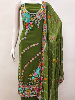Olive Green Georgette Sequin & Floral Pattern Multicolor Thread Work Kurta Bottom Dupatta Set Dress Material 3