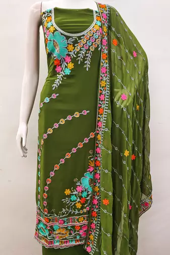 Olive Green Georgette Sequin & Floral Pattern Multicolor Thread Work Kurta Bottom Dupatta Set Dress Material