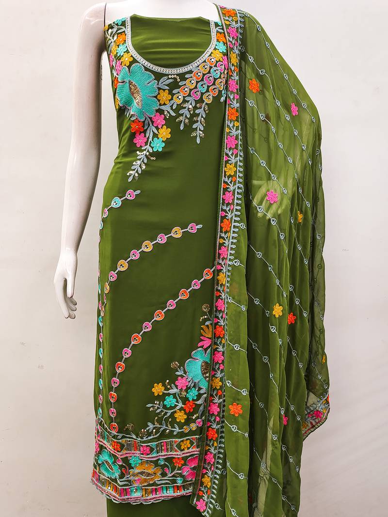 Olive Green Georgette Sequin & Floral Pattern Multicolor Thread Work Kurta Bottom Dupatta Set Dress Material