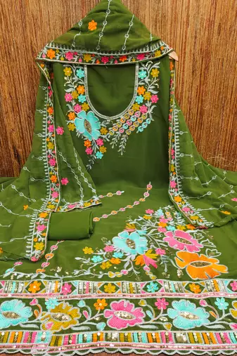 Olive Green Georgette Sequin & Floral Pattern Multicolor Thread Work Kurta Bottom Dupatta Set Dress Material