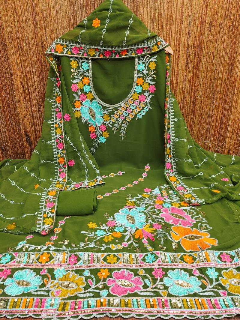 Olive Green Georgette Sequin & Floral Pattern Multicolor Thread Work Kurta Bottom Dupatta Set Dress Material