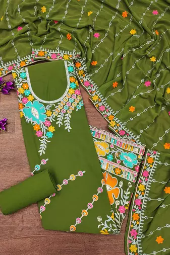 Olive Green Georgette Sequin & Floral Pattern Multicolor Thread Work Kurta Bottom Dupatta Set Dress Material