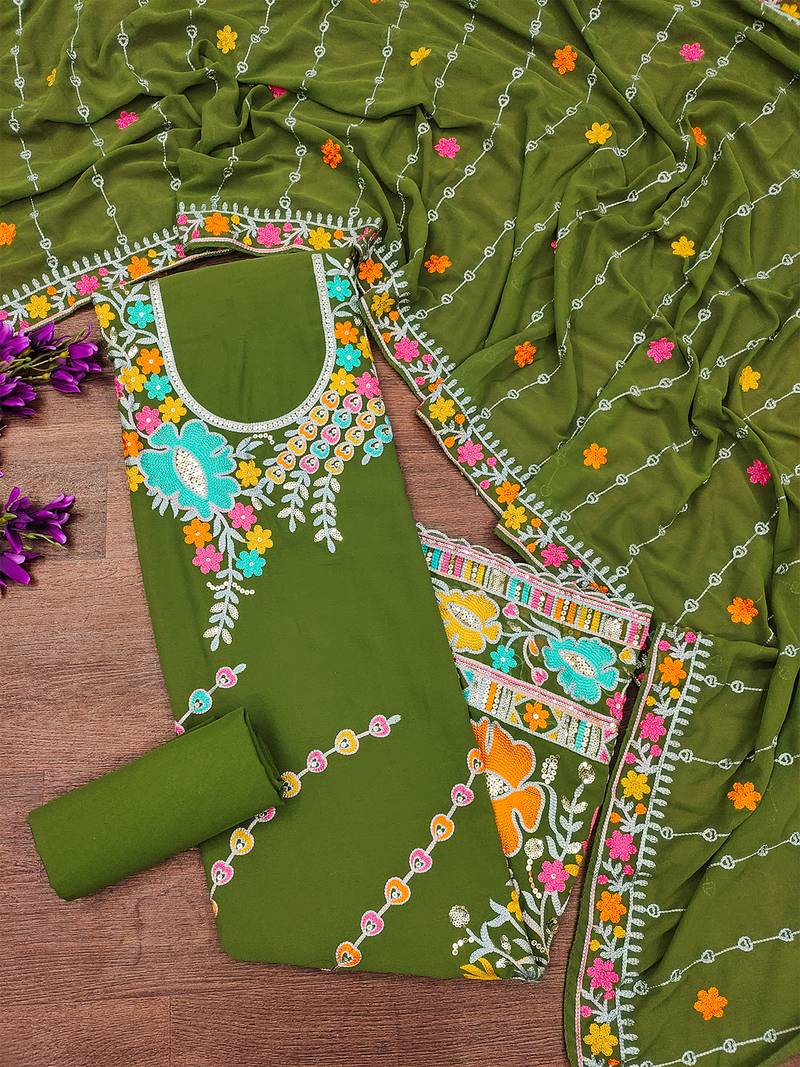 Olive Green Georgette Sequin & Floral Pattern Multicolor Thread Work Kurta Bottom Dupatta Set Dress Material