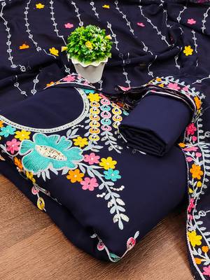 Navy Blue Georgette Sequin & Floral Pattern Multicolor Thread Work Kurta Bottom Dupatta Set Dress Material 1