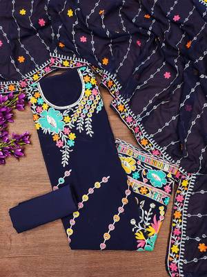 Navy Blue Georgette Sequin & Floral Pattern Multicolor Thread Work Kurta Bottom Dupatta Set Dress Material 2
